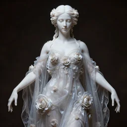 neoclassical art closed realistic detailed portrait of a wonderful sweet expressive symmetrical albino goddess with a wonderful face and realistic arms and fingers, dressed with a majestic semi transparent silk roses long dress, ornate, intricate, detailed, dramatic light, gregory crewdson style, octane render