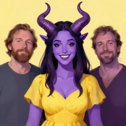 a purple skin woman with horns, smiling, dark hair, curvy horns, with and yellow shirt and dress, chaste, portrait by rossdraws and daniel docciu and dave dorman