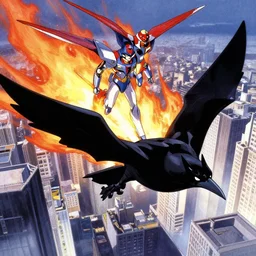 the batwing, jetfire ( g 1 ), macross valkyrie, laserbeak ( g 1 ), x men blackbird in the shape of a mechanical raven, flying above a the city, in a still of blade runner ( 1 9 8 2 ) by syd mead, shoji kawamori, hideaki anno