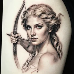 tattoo sketch of beautiful greek goddess aphrodite, bow and arrow, beautiful piercing eyes, flowing blonde hair, realistic face, hyper realistic, in the style of greg rutkowski, fantasy, amazing detail, epic, intricate, elegant, smooth, sharp focus