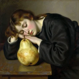 vintage beautiful painting of the sleeping saint in a pear in Mary Cassatt style