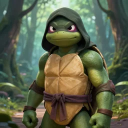 hyper realistic shamanistic teenage mutant ninja turtle, wearing hood, on otherworldly forest path, pixiv fanbox, dramatic lighting, maximalist pastel color palette, splatter paint, pixar and disney concept, graphic novel by fiona and dustin nguyen, peter elson, alan bean, wangechi mutu, clean cel shaded vector art, on artstation