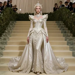 Wizard Queen ascendings stairs at the MET Gala posing for the camera, intricate fantasy dress, fantasy, intricate, elegant, highly detailed, digital painting, smooth, sharp focus, illustration, dramatic lighting, artstation, in the style of Artgerm and Anna Podedworna and Alex Ross
