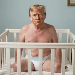 donald trump wearing a diaper, sitting in a crib.