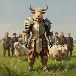 digital painting of joaquin phoenix standing on a vast empty field of grass with an armor made of animals, cow horns, pig nose, sheep wool, chicken feather armor, majestic, by anna podedworna and miklos ligeti, diego maricato, taran fiddler, antonino truisi, chris reddie, jinsung lim, trending on artstation