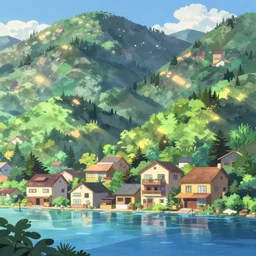anime! small town in mountain landscape, cute warm modern architecture, lush green, blue water, sunny