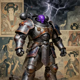 composition of gothic and futuristic, warhammer, cyber japan armor, more and more scars, thunderstorm, purple head, some orange and blue, the middle ages, highly detailed, artstation, in the style of moebius, jugendstil and classic japanese print, art by leon gerome, greg gandy, compositon by rene magritte