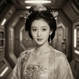 closeup photo of beautiful sexy  Chinese ancient princess standing in the corridor in the space ship, attractive symmetrical face, big eyes and lips, clean face and body skin,ecstatic  face expression, ornamental jewelry and ancient translucent sexy clothes, futuristic space ship interrior, wires with lights,depth of field, lens flare, moody lighting, moody photography, old photo, black and white, sepia, cinematic lighting, cinematic angle, editorial photography
