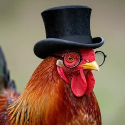 portrait of a rooster with top hat and monocle