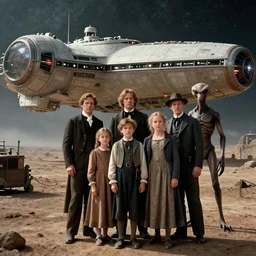 64k film still from a sci fi blockbuster color movie made in 2022, set in 1860, of a family standing in front of a spaceship that has just landed on an alien planet, a humanoid alien creature stands nearby, the family are all wearing 1850s era clothes, cinematic lighting, human faces, extremely good lighting, winner of seven oscars