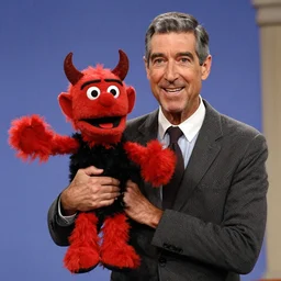 Mister Rogers holding a devil puppet on his hand