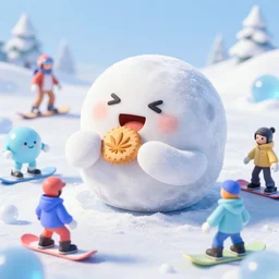 a portrait of a mochi snowball - happily eating cannabis cookies with friends, friendly characters snowboarding in a gelatinous environment 3 d rendered in octane, by eyvind earle artgerm