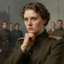 portrait of young and stoic bolshevik leader nadezhda konstantinovna krupskaya pondering fate of russia, colourised, fantasy, face portrait, drama, military art, fantasy, hd shot, digital portrait, beautiful, artstation, comic style, by artgerm, guy denning, jakub rozalski, magali villeneuve and charlie bowater