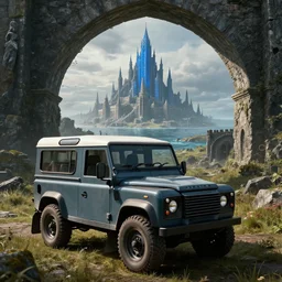Land Rover Defender 110 (1985), The Elder Scrolls V: Skyrim, Solitude seen in the distance, Blue Palace is seen in the distance on a stone arch, Haafingar Hold, an epic fantasy, the sea seen behind the city, dramatic lighting, cinematic, establishing shot, extremely high detail, photorealistic, cinematic lighting, artstation, by simon stalenhag