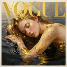 3 d, close - up, liquid gold and black water, sleepy fashion model, morning, sun rays, vogue cover style, poster art, hyper detail, intricate oil painting, multiple exposure, morning mood, 3 d, by tooth wu and wlop and beeple and greg rutkowski
