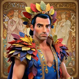 freddie mercuryin intricate detailed costume and scenery, cute anime, colors blue, red yellow shaman costume, 3 d render, hyper realistic detailed portrait, big flocking color leaves, ornate leaves headpiece, elegant, masculine intense colors and ink pen, ruan jia, by moebius, fantasy, hyper detailed, octane render, lumion render, concept art, by mucha, by henri rousseau