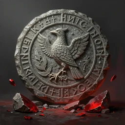 digital fantasy painting of a stone disk talisman with a carving of a bird in its center and runes along its edges, the stone disk half glowing and half dark, a crimson jem broken to pieces, trending on artstation, digital art ( by tomasz jedruszek ) ( by senfeng chen ) ( by lorenzo lanfranconi )