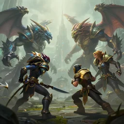 hyperrealism fantasy creatures fight scene with characters from league of legends portrait, digital art, wallpaper of an fantasy fight, background of sci fi city in fog, diffused lighting, extremely detailed, 8 k, sharp, trending dop hdr