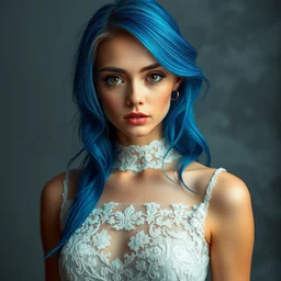 professional fasion model, cute, big eyes, blue hair, full body shot, lace dress, studio, smokey background, professional photography, award winning, trending on art station, high detail