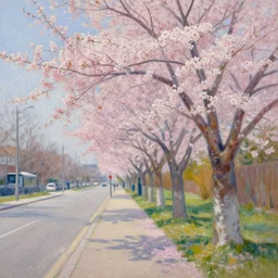 an impressionist painting of cherry trees blossoming on the sidewalk