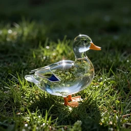 a duck made out of glass on a grass field