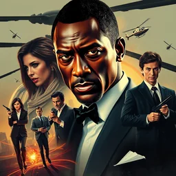 idris elba as james bond, 0 0 7, concept art, poster, spies and woman in formal wear character montage, helicopter