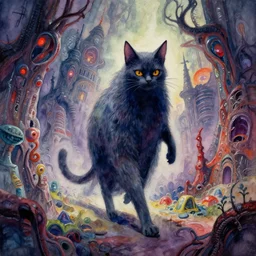 ghostly haunted cat strolling through a twisted alien city, watercolour painting, oil painting, watercolour, colourful, intricate, detailed, concept art, cinematic, trippy, psychedelic