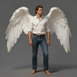 character concept portrait of a handsome male angel, Middle-Western ethnicity. Clean-shaven, hair in a ponytail. Shirt, jeans and barefoot. Distant full-body view. Digital painting, concept art, smooth, sharp focus, illustration, by Ruan Jia and Mandy Jurgens and Artgerm and William-Adolphe Bouguereau