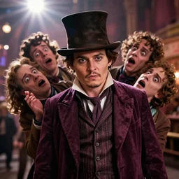 johnny depp as a character in tim burton's willy wonka's chocolate factory movie, all faces are distorted contorted, shock, repulsion, disgust, annoyance, cinematic still, movie still, long lens, shallow depth of field, bokeh, anamorphic lens flare, 8 k