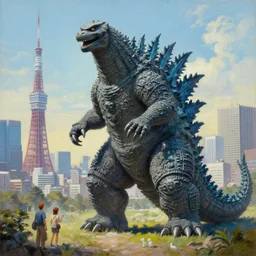 a hyper-realistic stunning oil painting of a giant Godzilla monster peacefully coexisting with the people of Neo Tokyo; hyper-detailed!!!; an extraordinary masterpiece!!!; flawless; trending on artstation