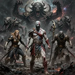 an ultra detailed matte landscape painting of kratos from god of war teaming up with the hunter from bloodborne, killing the great ones, grimdark realism, cosmic horror, crossover space, ultrawide lens, intricate, highly detailed, digital painting, artstation, concept art, sharp focus, octane render, art by greg rutkowski and alphonse mucha and rembrandt, 8 k