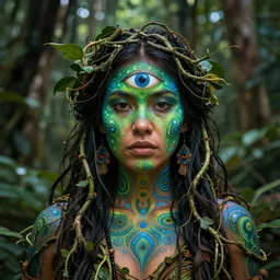 a beautiful indigenous female shaman made of vines with a third eye in the jungle, face painted in green and blue, fractals, visionary art, spiritual art, beautiful colors, matte painting, by christophe vacher