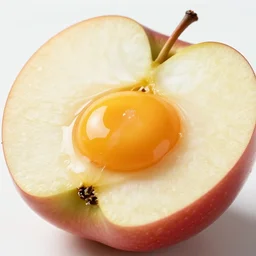 close-up photo of half of an apple with a egg yolk inside, professional food photography, studio lighting