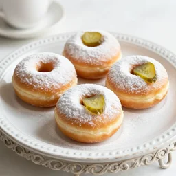 powdered donuts stuffed with sliced pickles on an ornate table, high resolution photograph, romantic lighting