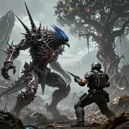 the shrike, a cruel humanoid entity, composed out of spikes, blades and thorns, god like vs the colonel, a fearless human prideful tactical commando with hi - tech gear top noch, fighting over the tree of pain in hyperion, epic sci fi battle, alien world, hyperrealist, intricate digital art, dramatic, cinematic, breathtaking, octane, unreal 5, 8 k, photoshop, ultra detailed, by dan simmons, wallpaper