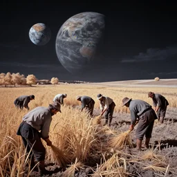 infrared photo of peasants harvesting crops in wastelands on exoplanet, baroque painting by casper david friedrich greg rutkowski, detailed octane render trending on artstation artgerm, 8 k artistic photography, volumetric cinematic perfect light, chiaroscuro, masterpiece, raphael, caravaggio, beksinski, gustav dore