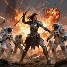 a beautiful warrior princess in battle against zombie astronauts, wide angle action shot, hypperrealistic, designed by ralph mcquarrie and moebius, octane render, intricate detail, hdr, 8 k, volumetric lighting, explosions, napalm, sunset apocalypse background - 9 6 0