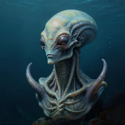 aquatic extraterrestrial portrait, whole bust, three quarter view, gills, underwater, dramatic lighting, painted by andreas rocha