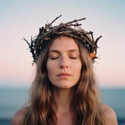 A analog head and shoulder frontal portrait photography of a woman wearing an intricate twig crown by Annie Leibovitz. Long hair. eyes closed. soft gradient pastel color background. Kodak Color Plus 200 film. Icelandic mood. detailed. hq. realistic. warm light. muted colors. lens flare. photoreal. Leica M9.