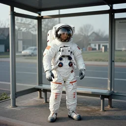 a beautiful photo of an astronaut!, waiting on a bus stop, 1970', soft light, morning light, photorealistic, realistic, octane, 8k, cinematic shot
