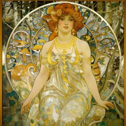 X a renaissance painting of a beautiful female with a beautiful face by Alfons Mucha, full body, sitting in a forest, super high detail, gold jewelry, jugendstil, 4k, bright color scheme