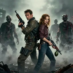 humphrey bogart and lauren bacall, battered, holding machine guns and grenades, back to back, last stand as disturbing zombie shapes come out of the fog. There is ash in the air. Silent hill, resident evil. Octane render, cinematic lighting, cinematic framing ar 3:1.