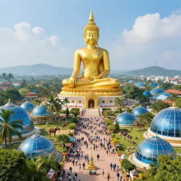 futustic emerald buddha temple with huge crowded place, animal enclosures, blue glass domes, hyperdetailed, artstation, cgsociety, 8 k
