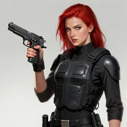 female, wearing kevlar vest, holding m 1 9 1 1 pistol, concept art, artstation, red hair