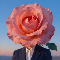 closeup, gigantic rose flower head, frontal, girl in a suit, surreal photography, sunrise, blue sky, dramatic light, impressionist painting, digital painting, artstation, simon stalenhag