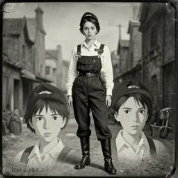 a full body daguerrotype portrait of a 1 9 4 0's woman's hair aircraft mechanic, finely detailed features, closeup at the faces, perfect art, at an ancient city, gapmoe yandere grimdark, trending on pixiv fanbox, painted by greg rutkowski makoto shinkai takashi takeuchi studio ghibli, akihiko yoshida,
