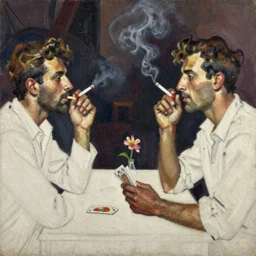 oil painting in the style of john craxton. sailors talking in the shadows of jazz club. cheekbones. looking sideways. strong expressions on faces. smoke. holding cigarettes. playing cards. scratched. strong lighting. brush. single flower. in the style of ivon hitchins. seated figure hands on table. line drawing. high detail. painted