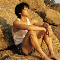 Jungkook by Hildebrandt Greg. 1987, high detail, award winning artwork, golden hour, black hair, sunbathing, he is sitting on some rocks