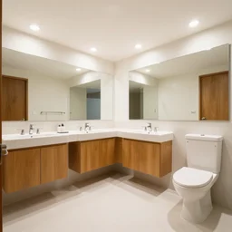 a large stocked bathroom designed by Frank Lloyd Wright, bright lights, a bidet, a toilet, two cabinets, a full mirror, wide angle shot