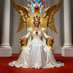 monumental fantasy painting of throne room with red ground and the queen sit with long white dress and ritual summun guardian angel gemstone ruby and saphire incrusted in golden crown and white colone like greek temple volume lighting stained glass matte Photorealistic cinematic volume lighting artstation fanart contrast by Jason Felix by Steve Argyle by Tyler Jacobson by Peter Mohrbacher shapen focus instagram filter overlay HDR
